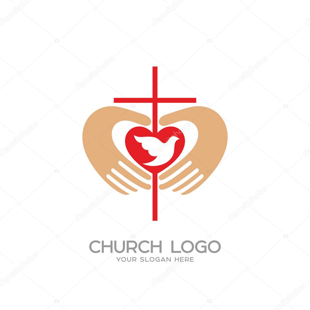 Church logo. Christian symbols. The cross and the hands of Christ, the heart and the dove