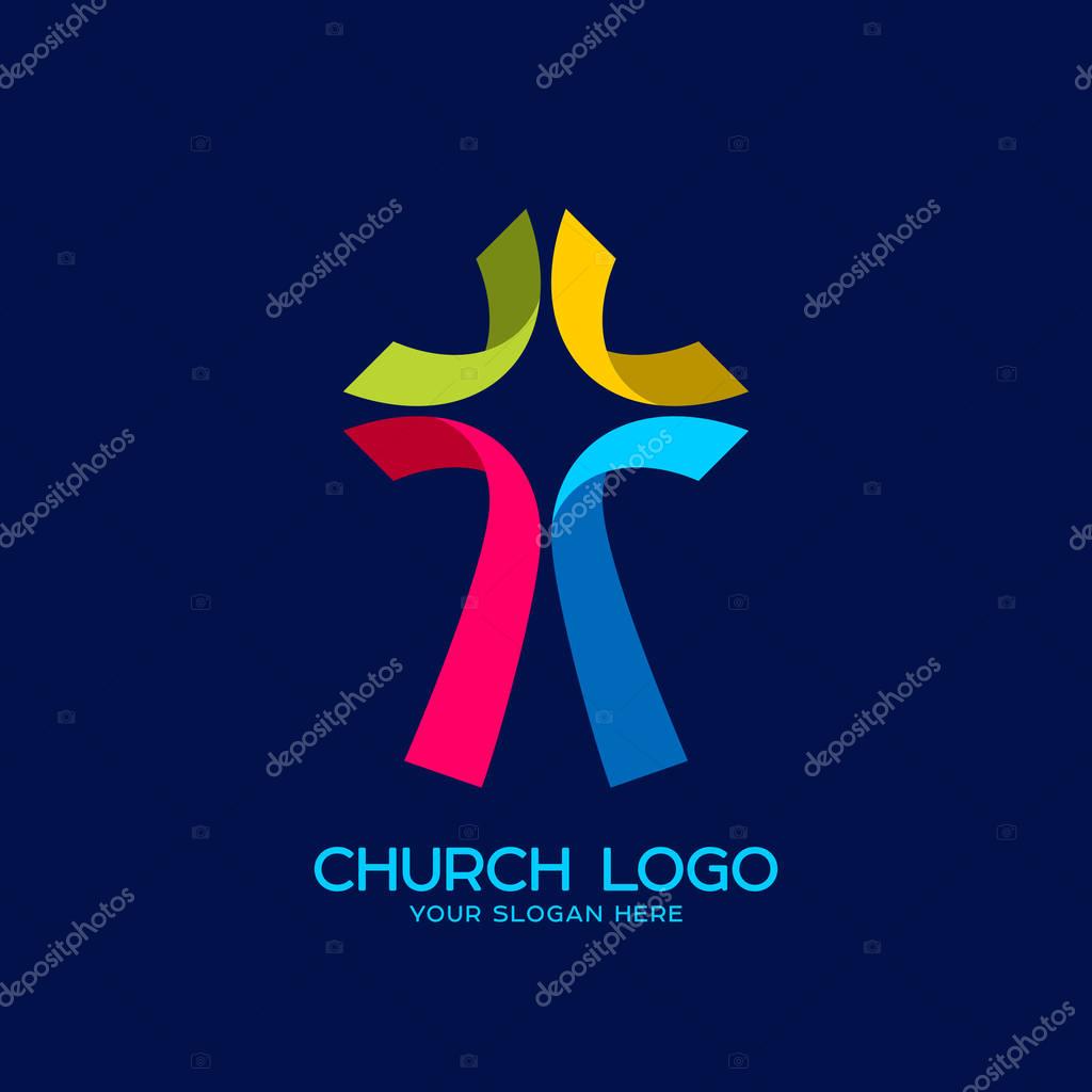 Church logo. Christian symbols. Cross of Jesus of colored strips