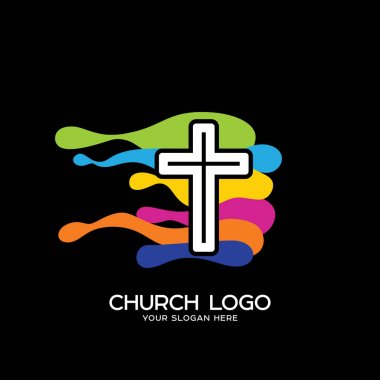 Kilise logosunu görmeniz gerekir. Hıristiyan sembolleri. İsa ve renkli dalgalar çapraz