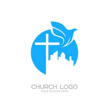 Kilise logosunu görmeniz gerekir. Hıristiyan sembolleri. İsa ve şehrin üzerinde güvercin çapraz