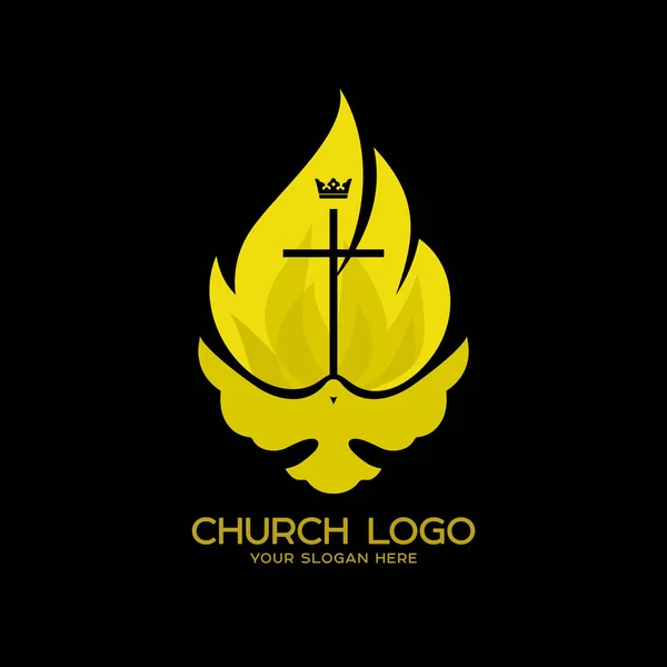 Logo de la iglesia. Símbolos cristianos. La Paloma y la Llama del Espíritu Santo, el Reino de Dios — Vector de stock