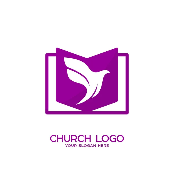 Logo de la iglesia. Símbolos cristianos. La biblia abierta y la paloma — Vector de stock