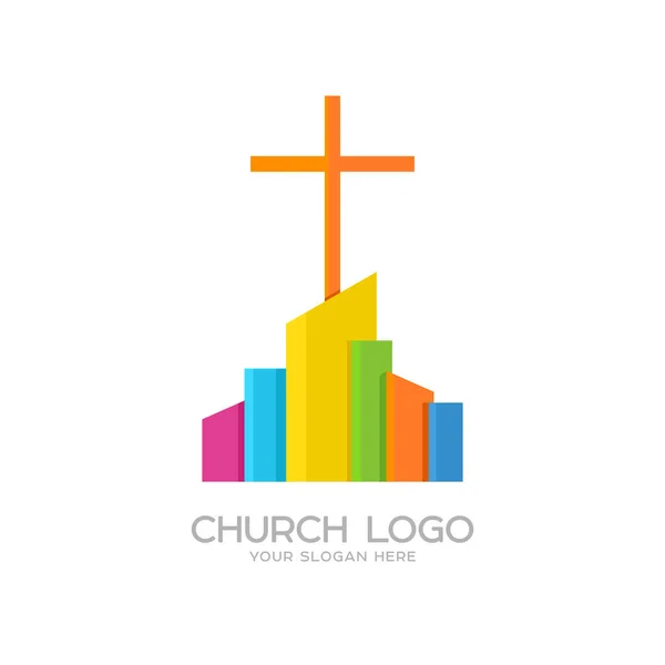 Logotipo da igreja. Símbolos cristãos. A cruz de Jesus e a cidade colorida —  Vetores de Stock