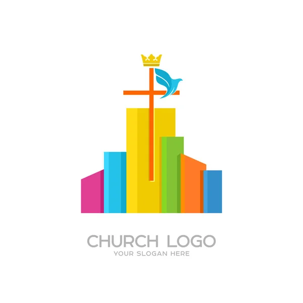 Logo de l'église. Des symboles chrétiens. La croix de Jésus et la colombe sur la ville — Image vectorielle