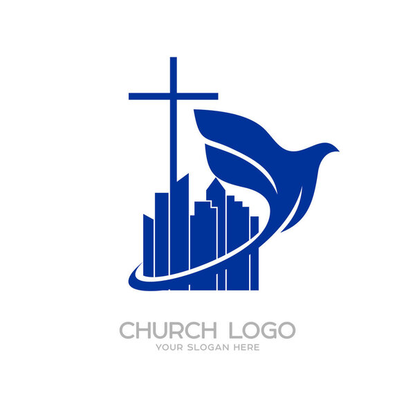 Church logo. Christian symbols. The cross of Jesus and the dove over the city