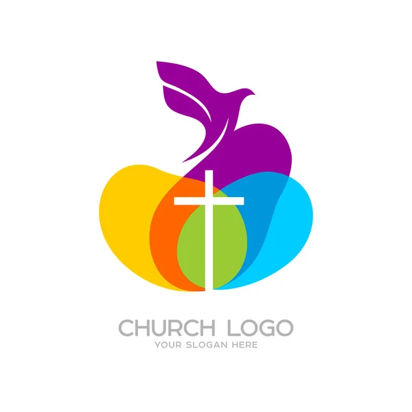 Logotipo da igreja. Símbolos cristãos. A pomba e a cruz de Jesus — Vetor de Stock