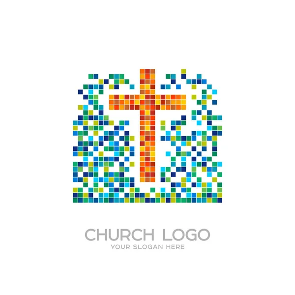 Logotipo da igreja. Símbolos cristãos. Mosaico, a cruz de Jesus —  Vetores de Stock
