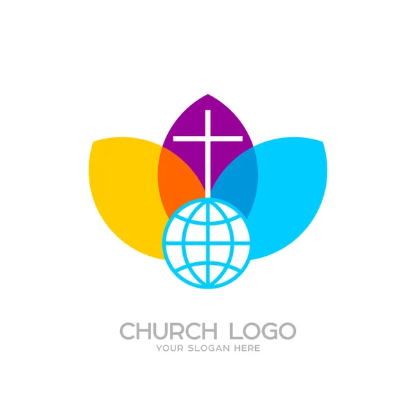 Logo gereja. Simbol Kristen. Salib Yesus dan Globe. - Stok Vektor