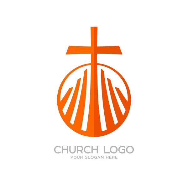 Logotipo da igreja. Símbolos cristãos. A cruz de Jesus e os elementos gráficos — Vetor de Stock