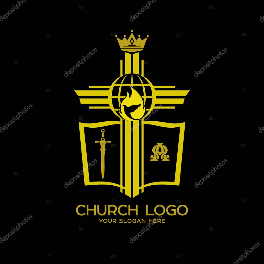 Church logo. Christian symbols. Cross, bible and symbols of the kingdom of God