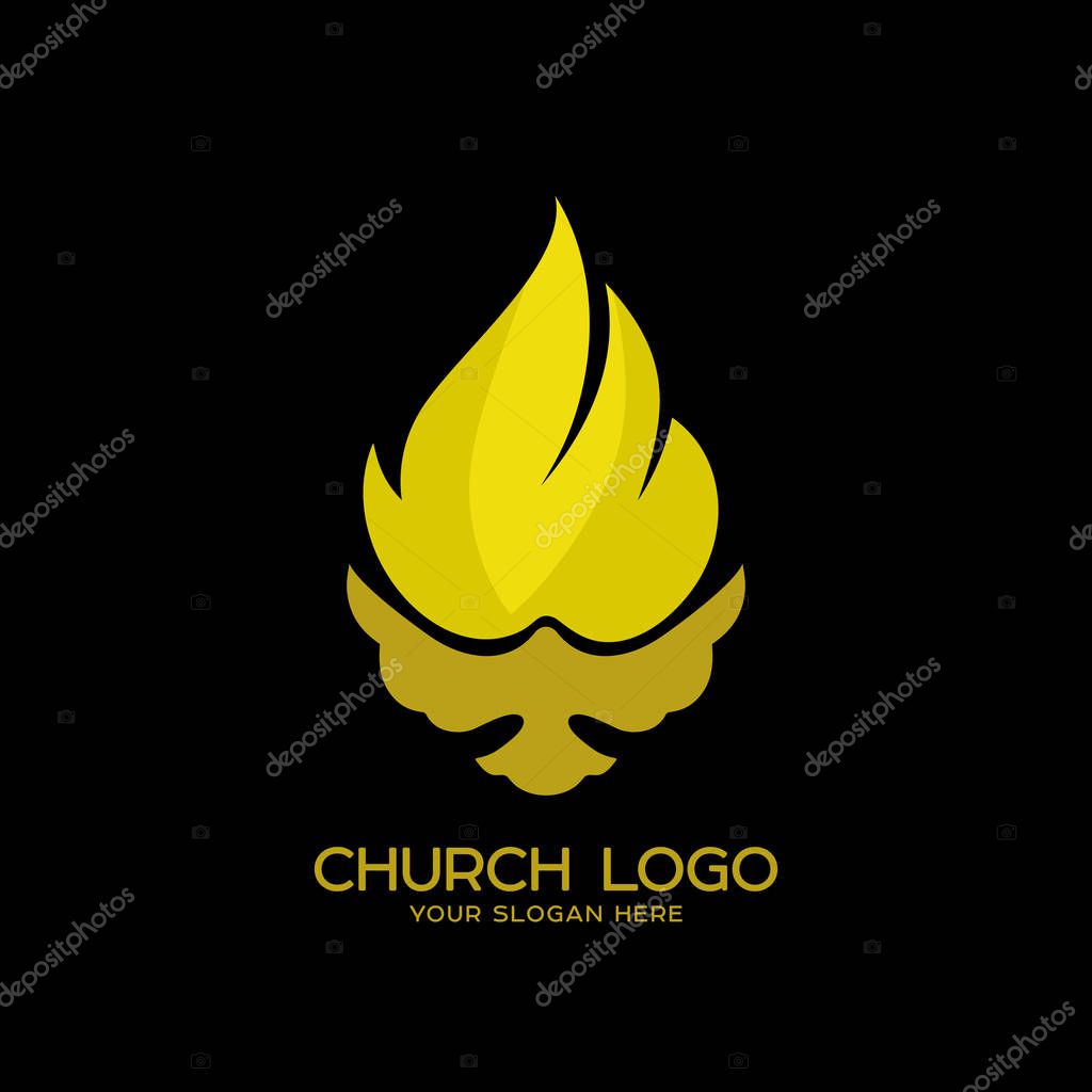 Church logo. Christian symbols. The Dove and the Flame of the Holy Spirit, the Kingdom of God
