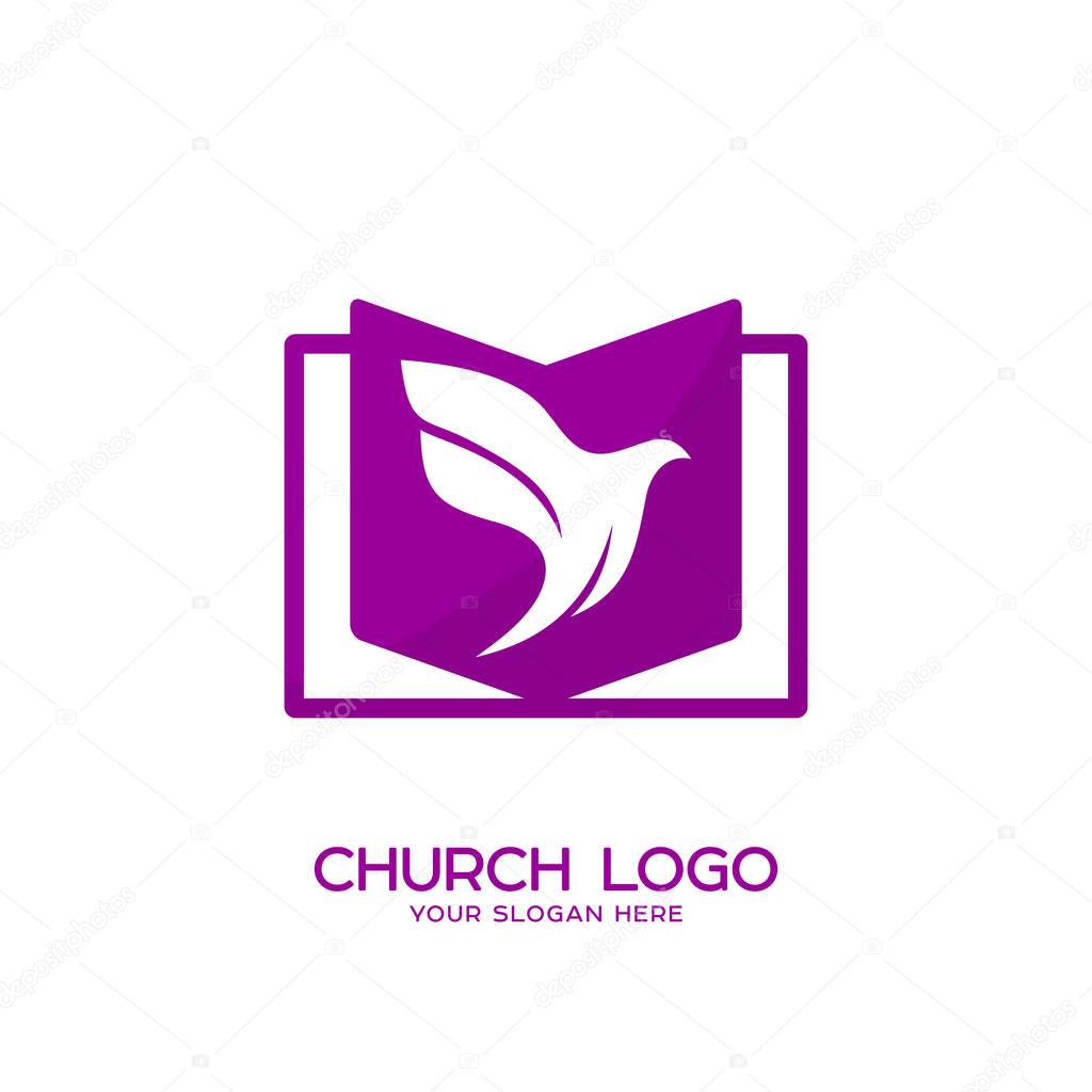 Church logo. Christian symbols. The open bible and pigeon