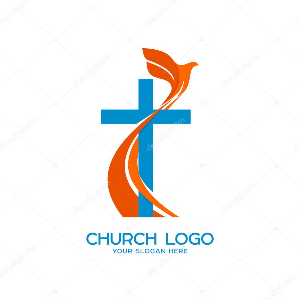 Church logo. Christian symbols. Cross and a flying dove - a symbol of the Holy Spirit