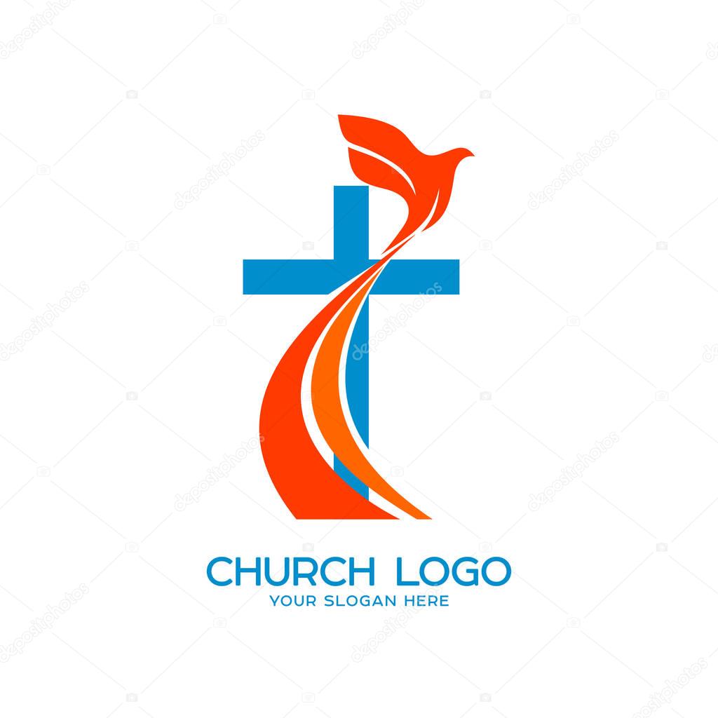 Church logo. Christian symbols. Cross and a flying dove - a symbol of the Holy Spirit