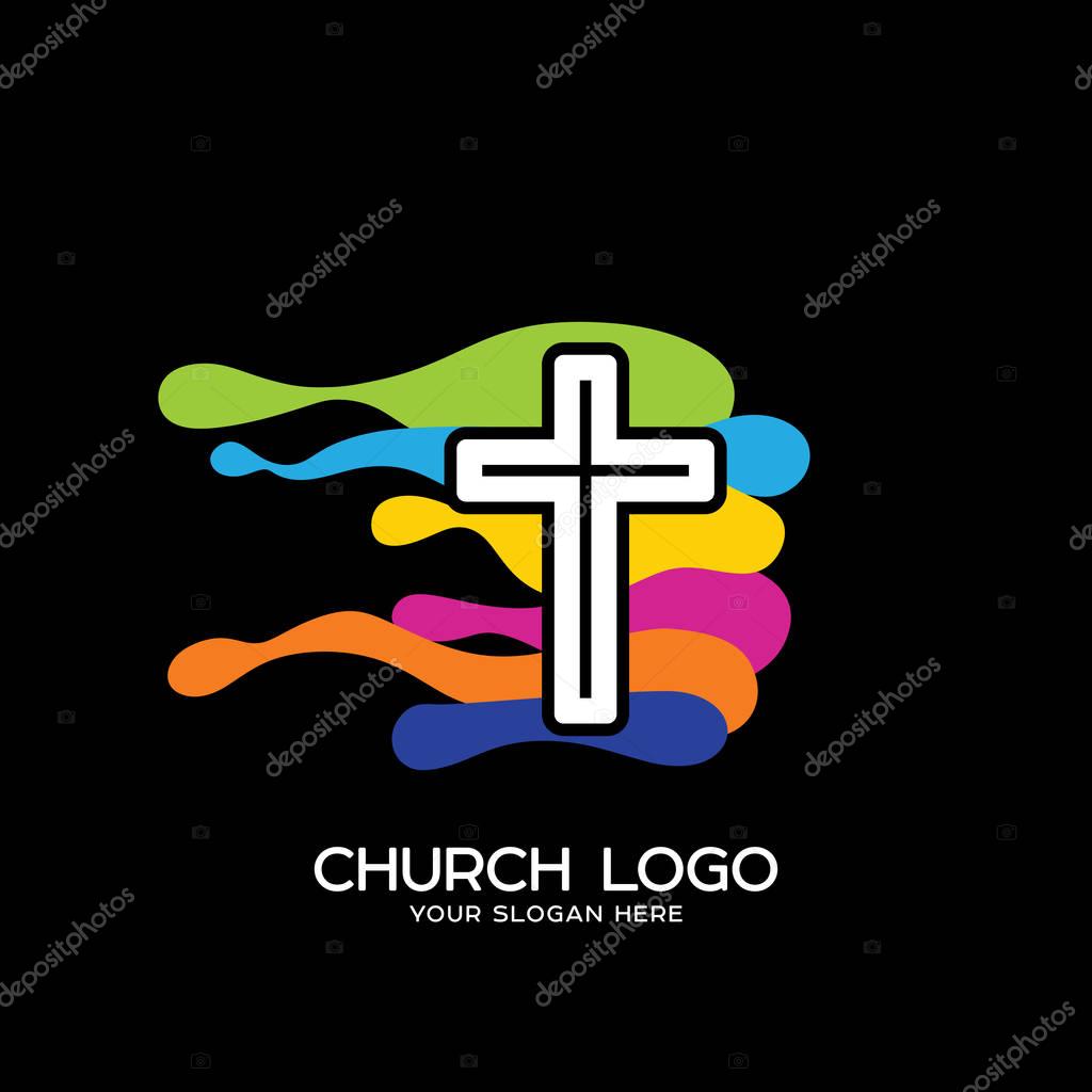 Church logo. Christian symbols. The cross of Jesus and the colored waves