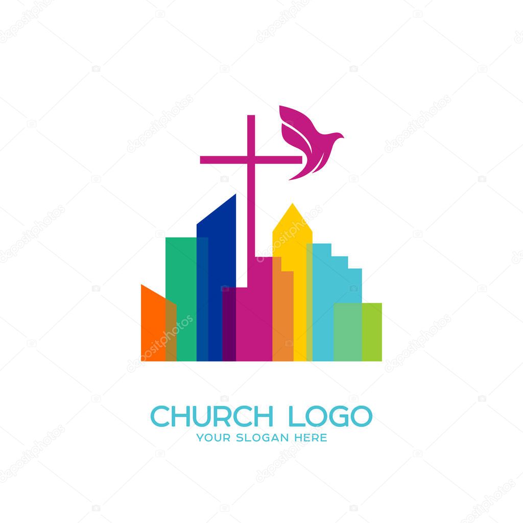 Church logo. Christian symbols. The cross of Jesus and the dove over the city