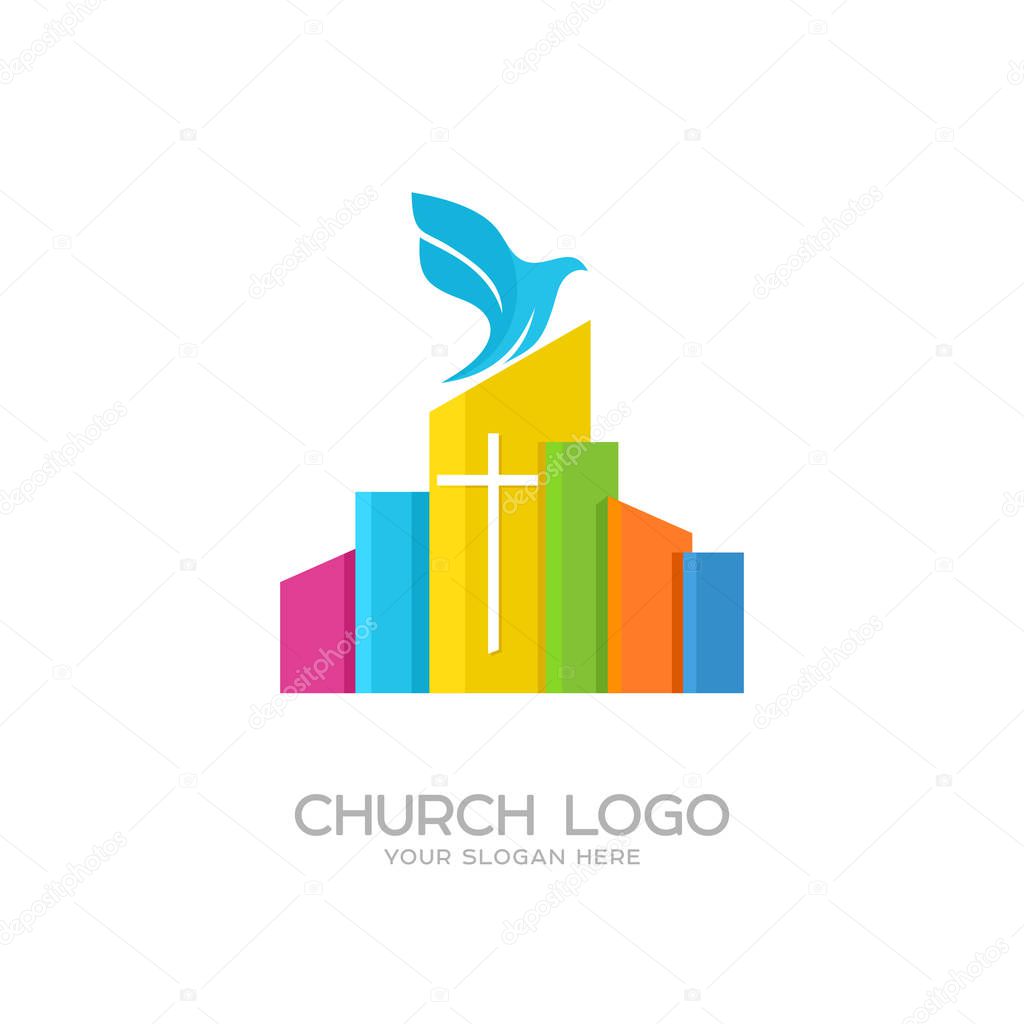 Church logo. Christian symbols. The cross of Jesus and the dove over the city