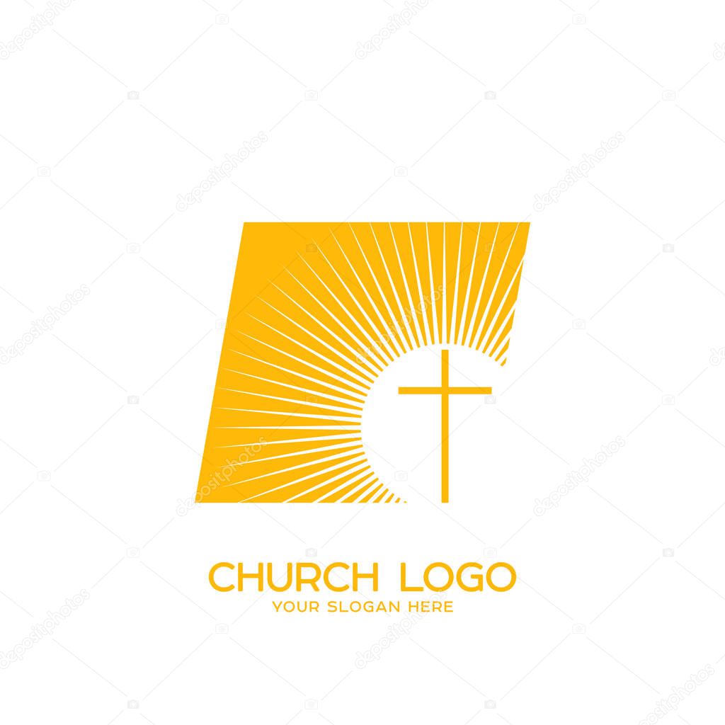 Church logo. Christian symbols. The cross of Jesus and the shining