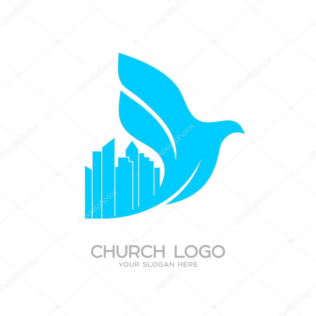Church logo. Christian symbols. Pigeon over the city