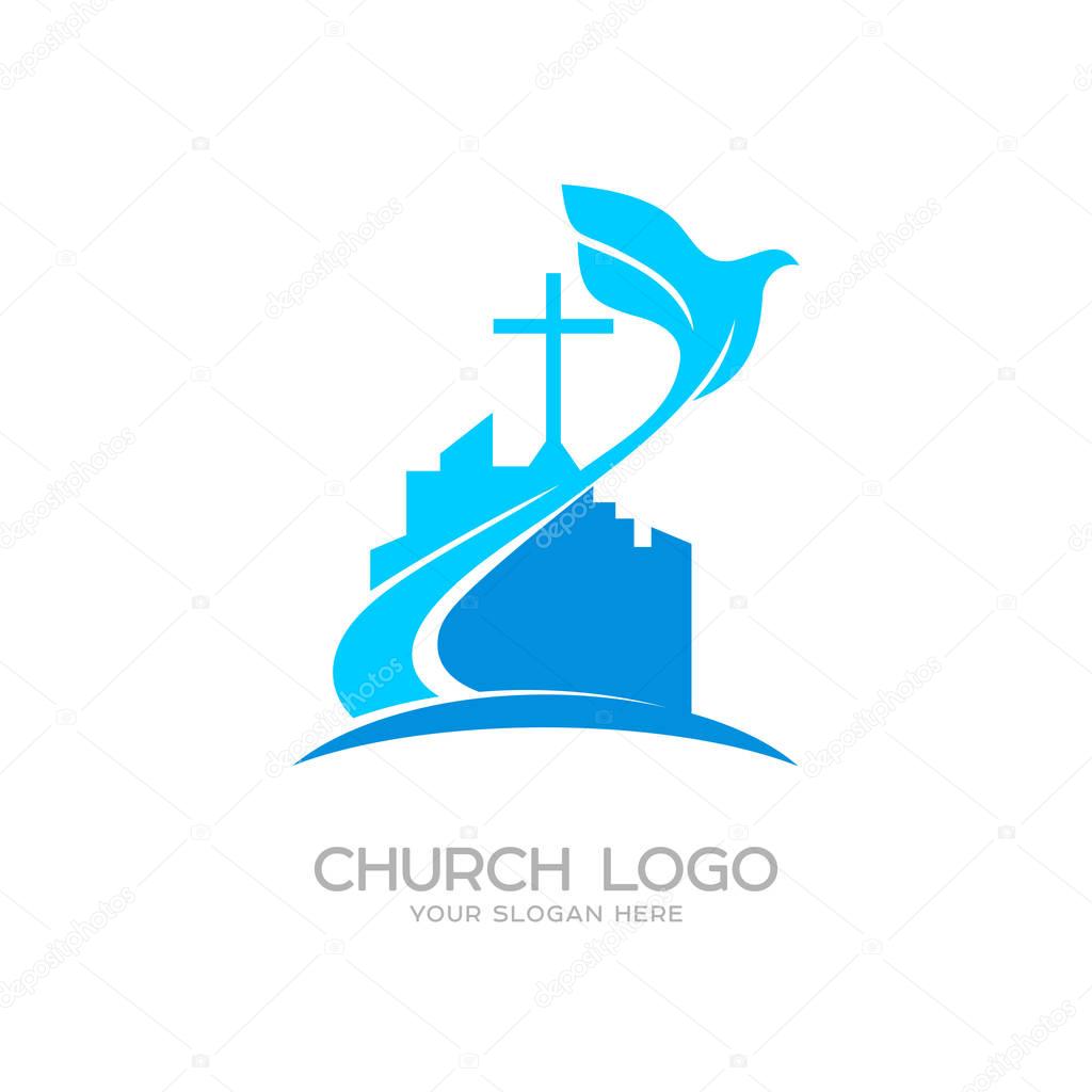 Church logo. Christian symbols. The cross of Jesus and the dove over the city