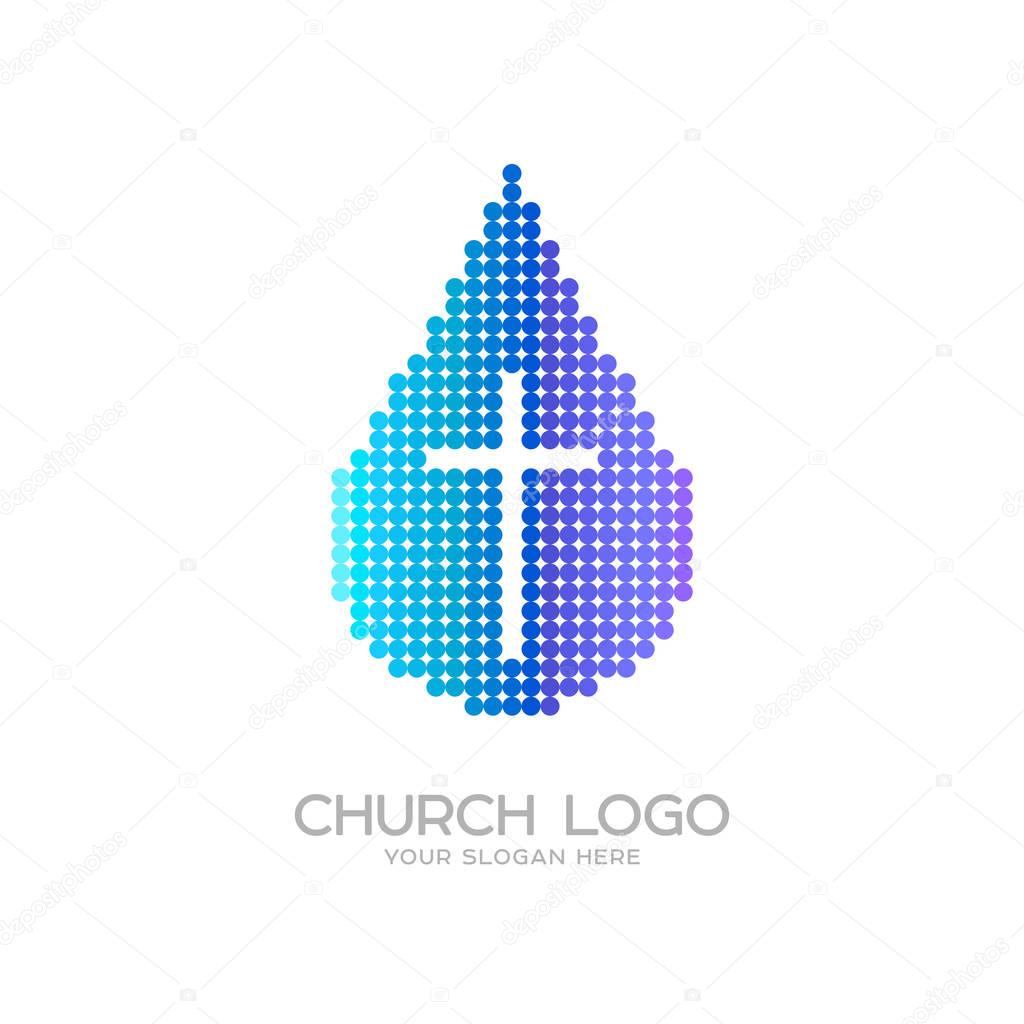 Church logo. Christian symbols. A drop of living water and the cross of Jesus