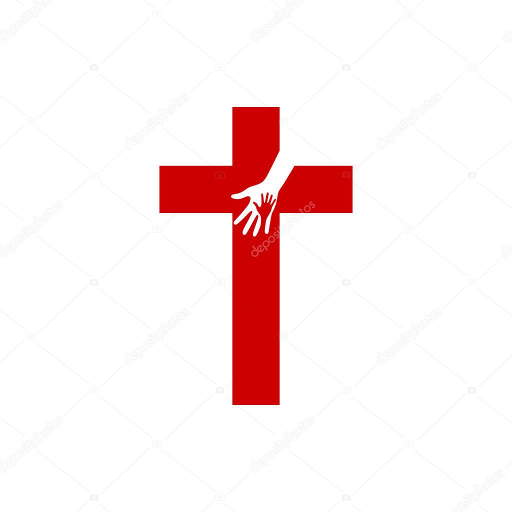 Church logo. Christian symbols. Cross of Jesus and Hands