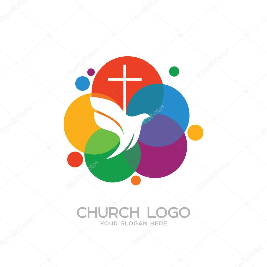 Church logo. Christian symbols. The cross of Jesus and the dove