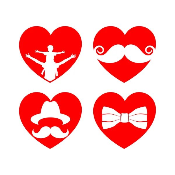 Los corazones hermosos para las tarjetas con la barba, los bigotes, los sombreros y las gafas de sol. Día del Padre . — Vector de stock