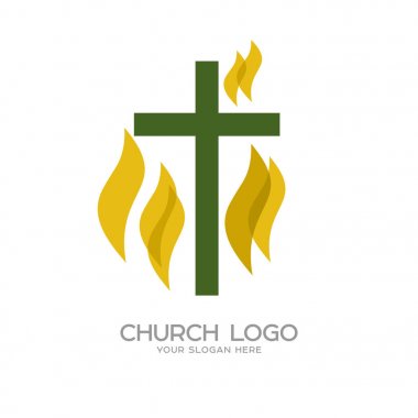 Kilise logosu. Hristiyan sembolleri. İsa 'nın haçı ve Kutsal Ruh' un alevi.