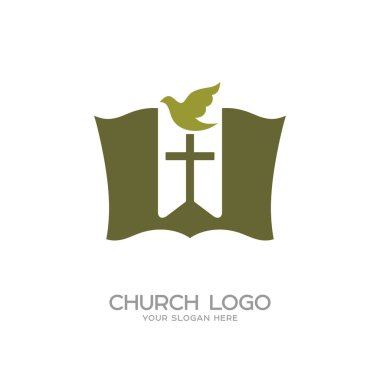 Kilise logosunu görmeniz gerekir. Hıristiyan sembolleri. İncil, yer işareti-cross ve güvercin
