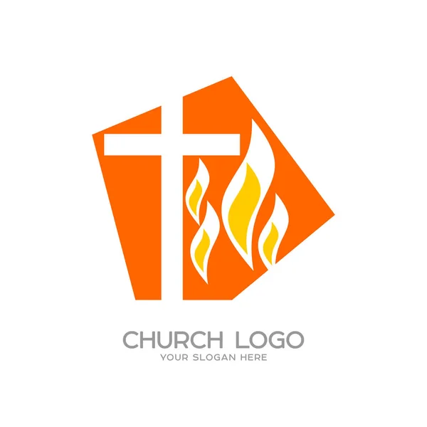 Logo de l'église. Des symboles chrétiens. La croix de Jésus et la flamme du Saint-Esprit — Image vectorielle