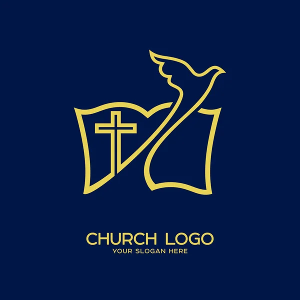 Логотип церкви. Христианские. Голубь, крест и библия — стоковый вектор
