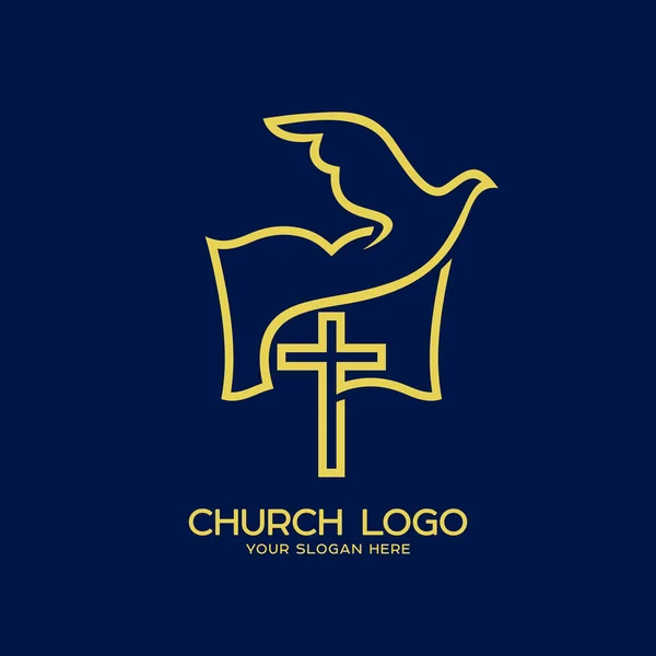 Kirchenlogo. Christliche Symbole. Taube, Kreuz und Bibel — Stockvektor