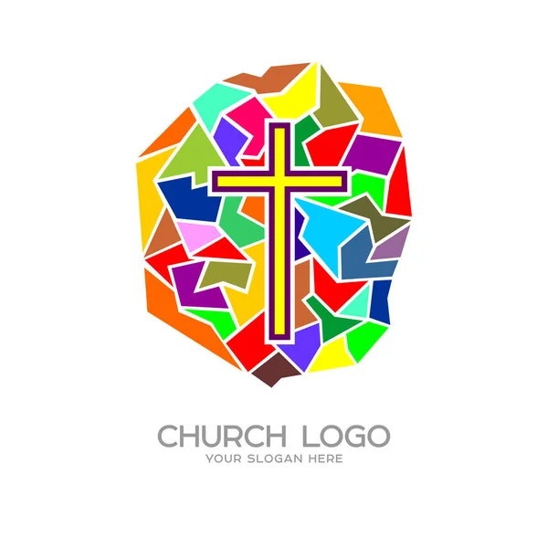 Logo gereja. Simbol Kristen. Salib Yesus Kristus dan mosaik - Stok Vektor