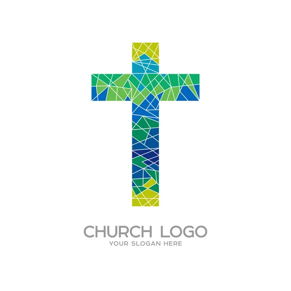 Logo gereja. Simbol Kristen. Salib Yesus Kristus dan mosaik - Stok Vektor