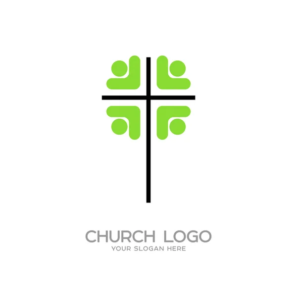 教会のロゴ。キリスト教のシンボル。十字架の周りの人々 — ストックベクタ
