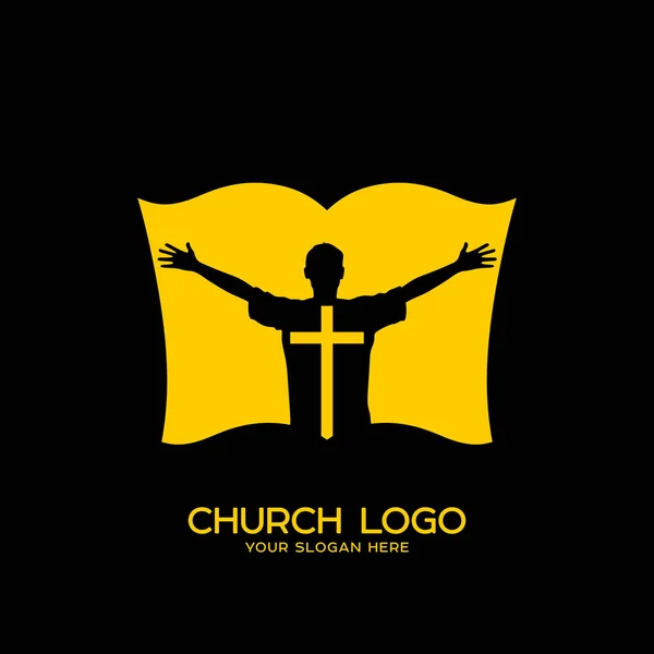 Kirchenlogo. Christliche Symbole. ein Mann, der Jesus Christus anbetet — Stockvektor