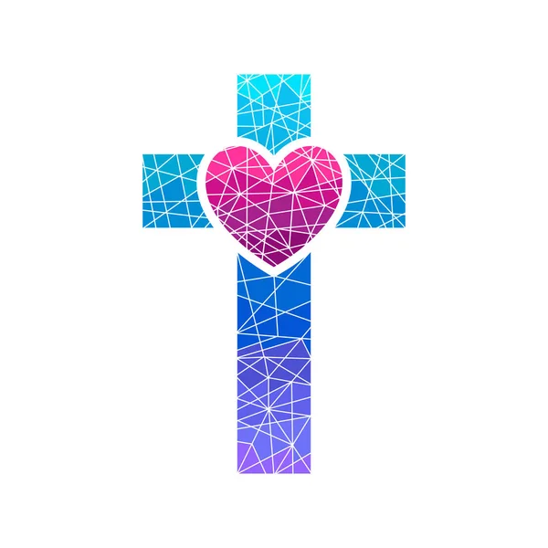 Church logo. Christian symbols. Cross of Jesus and heart, mosaic — Stock Vector