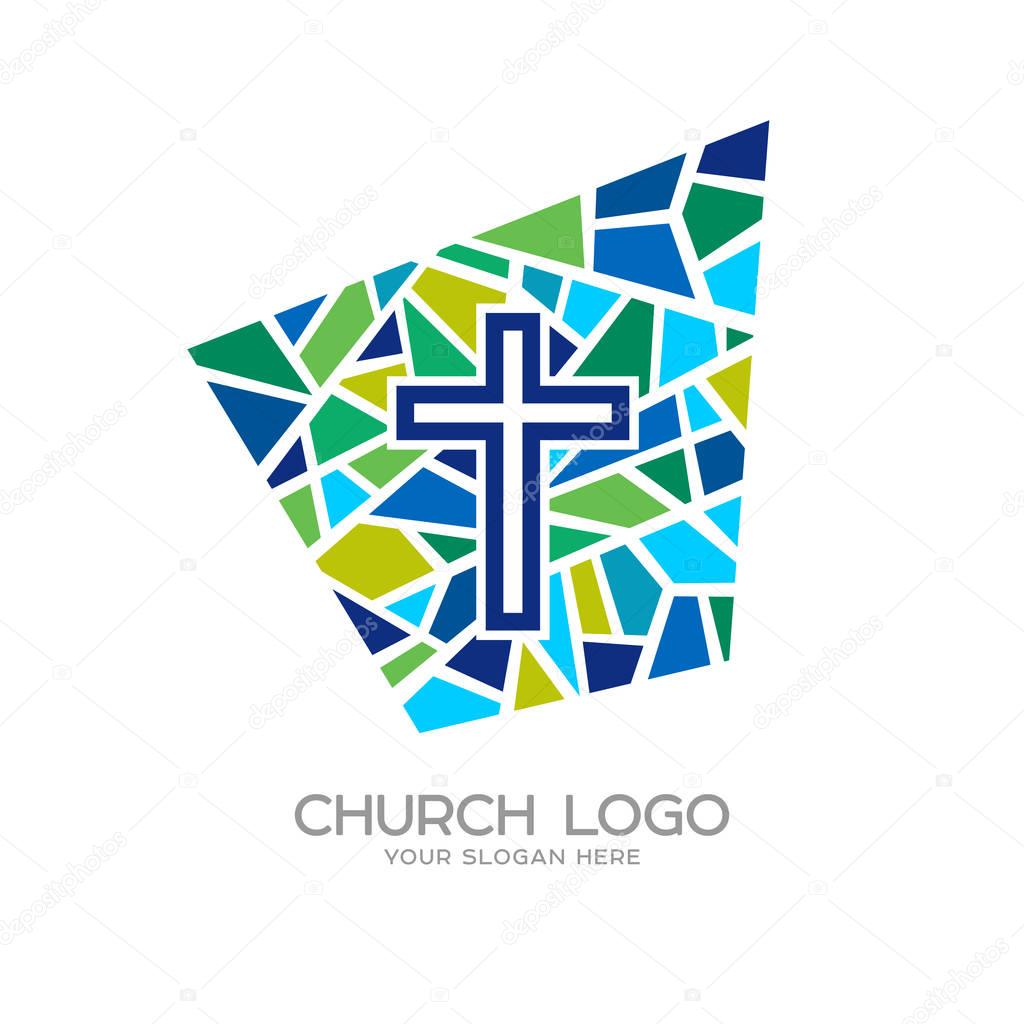 Church logo. Christian symbols. Cross of Jesus Christ and mosaic