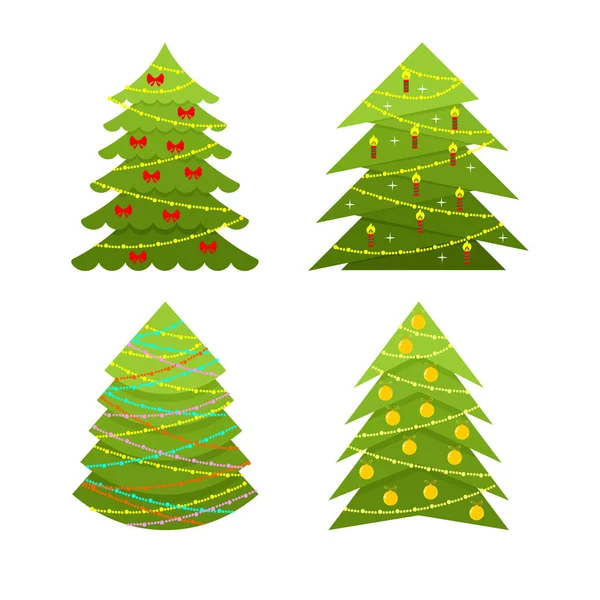 Dekorativa Jul Och Jul Träd Med Juldekorationer Och Kransar — Stock vektor