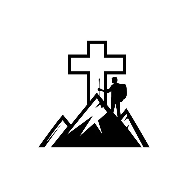 Illustrazione Cristiana Uomo Sul Monte Alla Croce Gesù Cristo — Vettoriale Stock