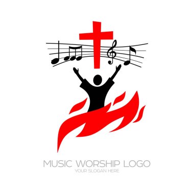 Müzik logosunu görmeniz gerekir. Hıristiyan sembolleri. Mümin tapan İsa Mesih, Tanrı'ya zafer söylüyor