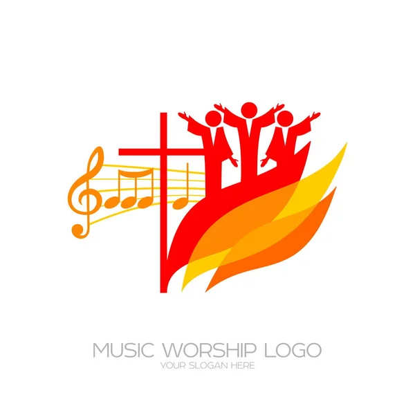 Logo Musical Símbolos Cristianos Los Creyentes Adoran Jesucristo Cantan Con — Vector de stock