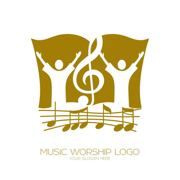 Музика Логотип Християнські Символи Поклоніння Богу Людей Treble Clef Тлі — стоковий вектор