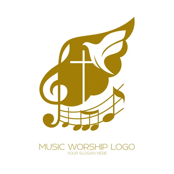 Logo Musik Simbol Kristen Salib Yesus Gada Treble Dan Merpati - Stok Vektor