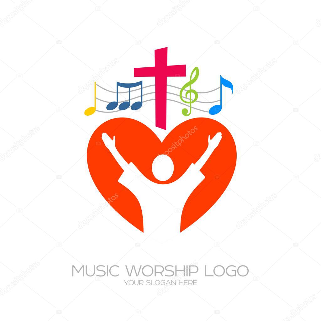 Music logo. Christian symbols. The believer worships Jesus Christ, sings the glory to God