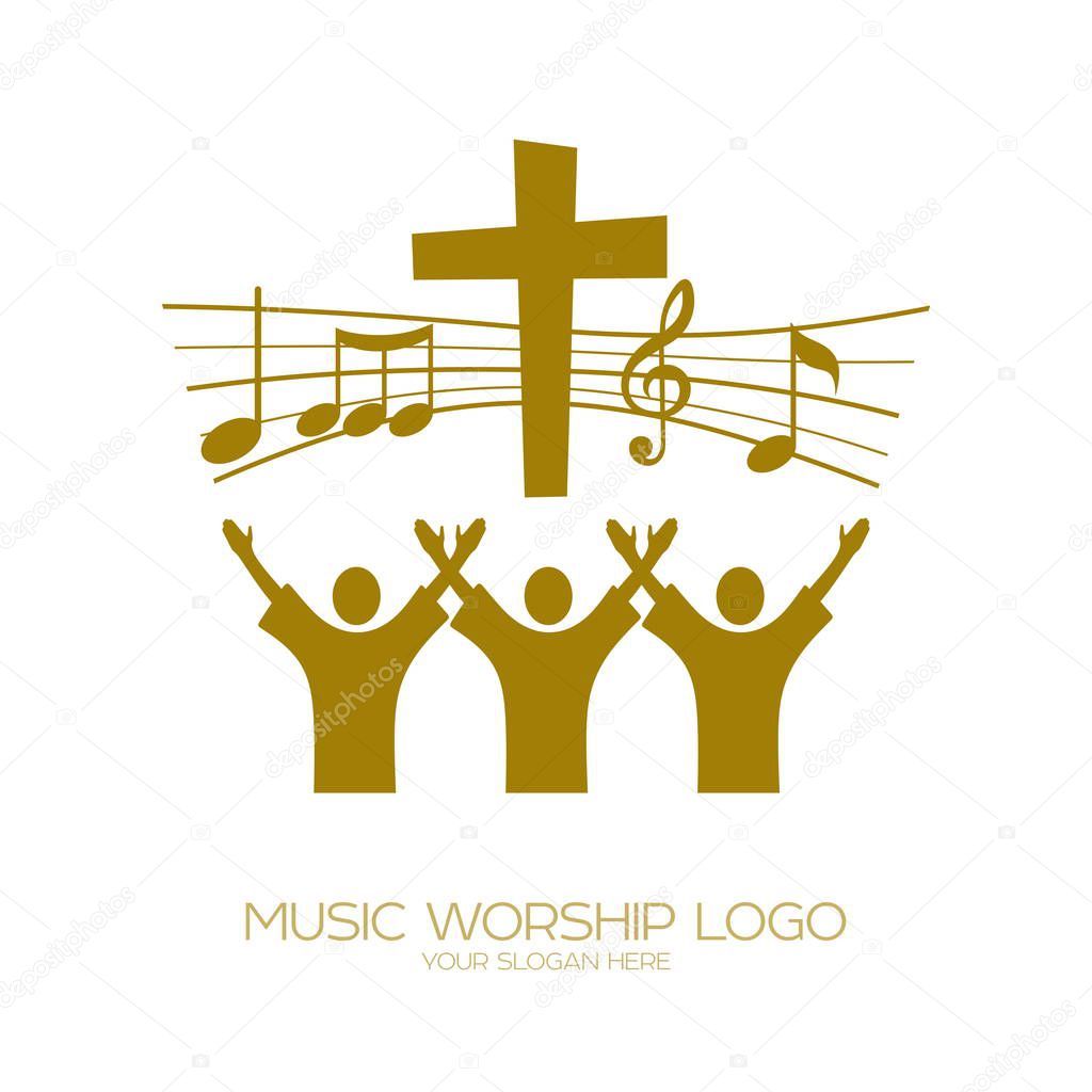 Music logo. Christian symbols. Believers in Jesus sing a song of glorification to the Lord