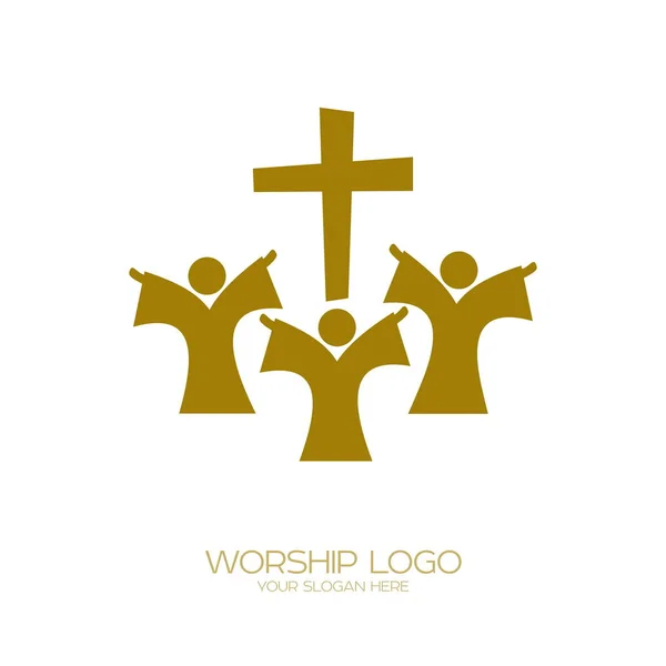 Logotipo Musical Símbolos Cristãos Pessoas Adoram Jesus Cristo — Vetor de Stock