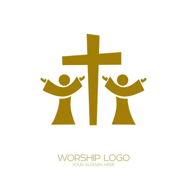 Muziek Logo Christelijke Symbolen Mensen Aanbidden Jezus Christus — Stockvector