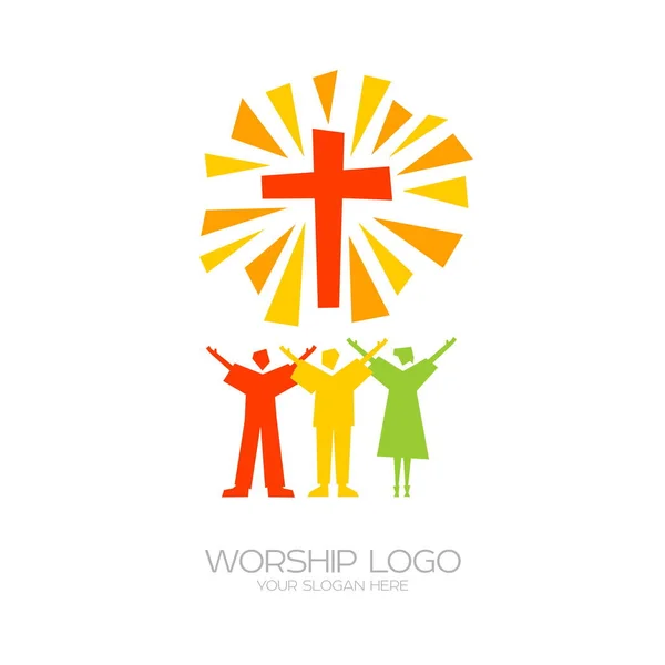 Muziek Logo Christelijke Symbolen Mensen Aanbidden Jezus Christus — Stockvector
